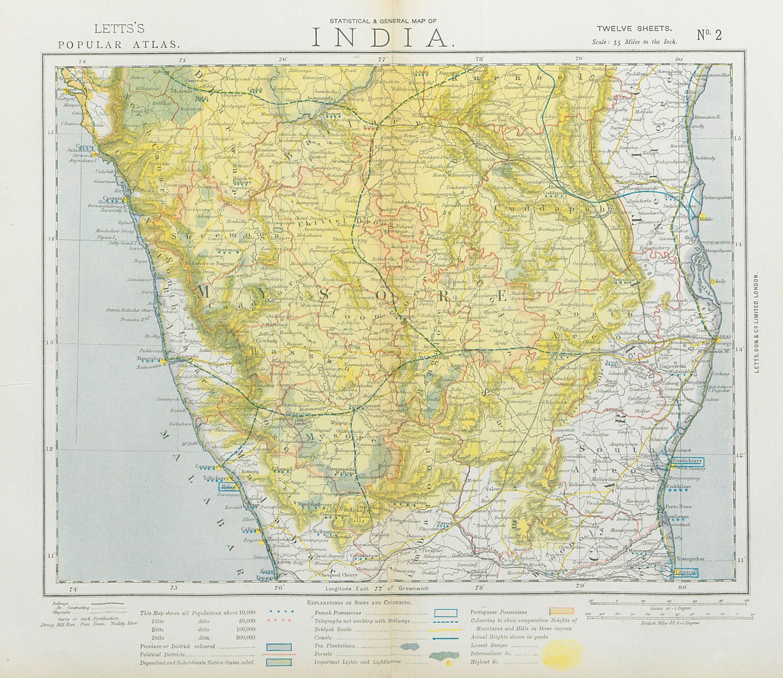 BRITISH INDIA SOUTH. Mysore Carnatic Madras. Tea plantations. LETTS 1883 map